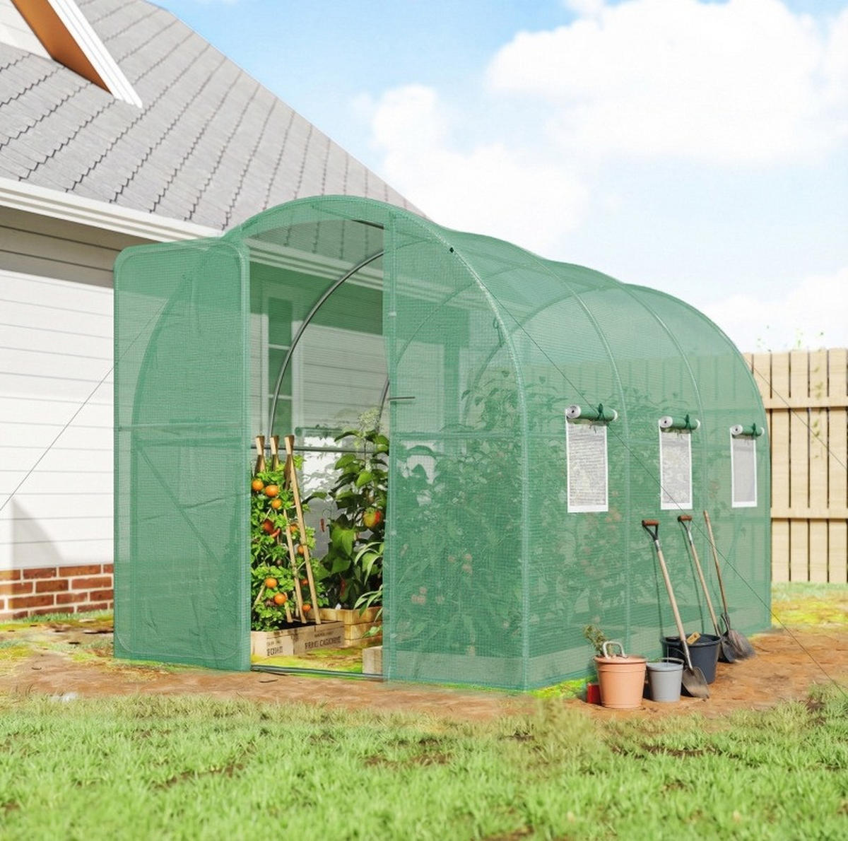 GEWÄCHSHAUS aus Polyethylen 200x300x200 cm in Grün mit 6 Netzfenstern - Grün, Kunststoff (300/200/200cm) - Modfu