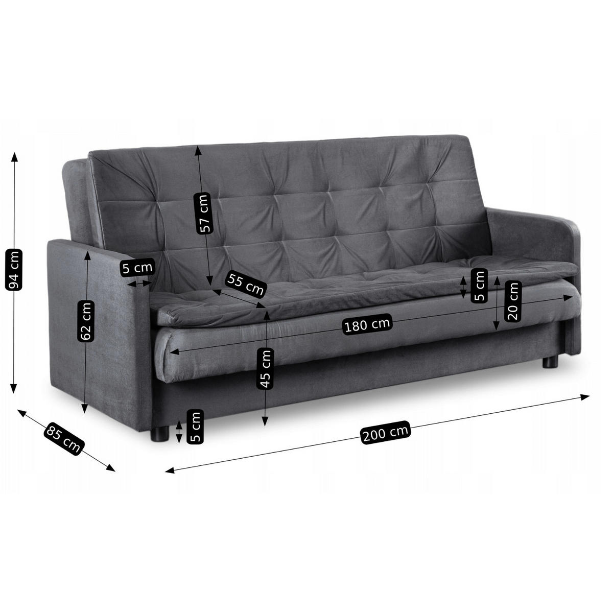SOFA STELLA ausziehbar Schlaffunktion Grau - Grau, Holz/Textil (2000/94/850cm) - makarowski meble