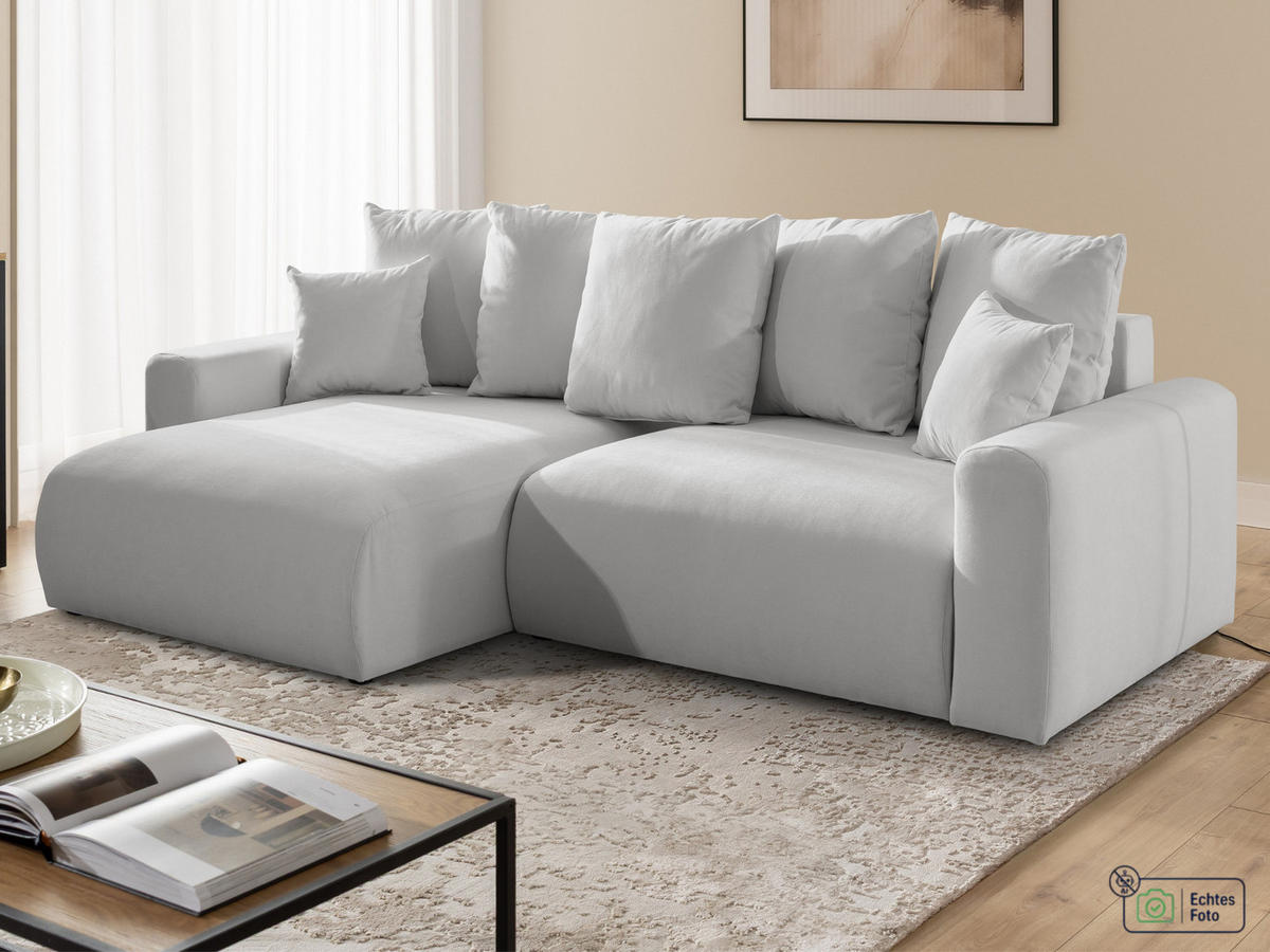 ECKSOFA Calma mit Schlaffunktion und Bettkasten im Bumpy-Design aus weichem Grau Webstoff - Ottomane links - Schwarz/Grau, Holz/Kunststoff (239/140cm) - S-Style