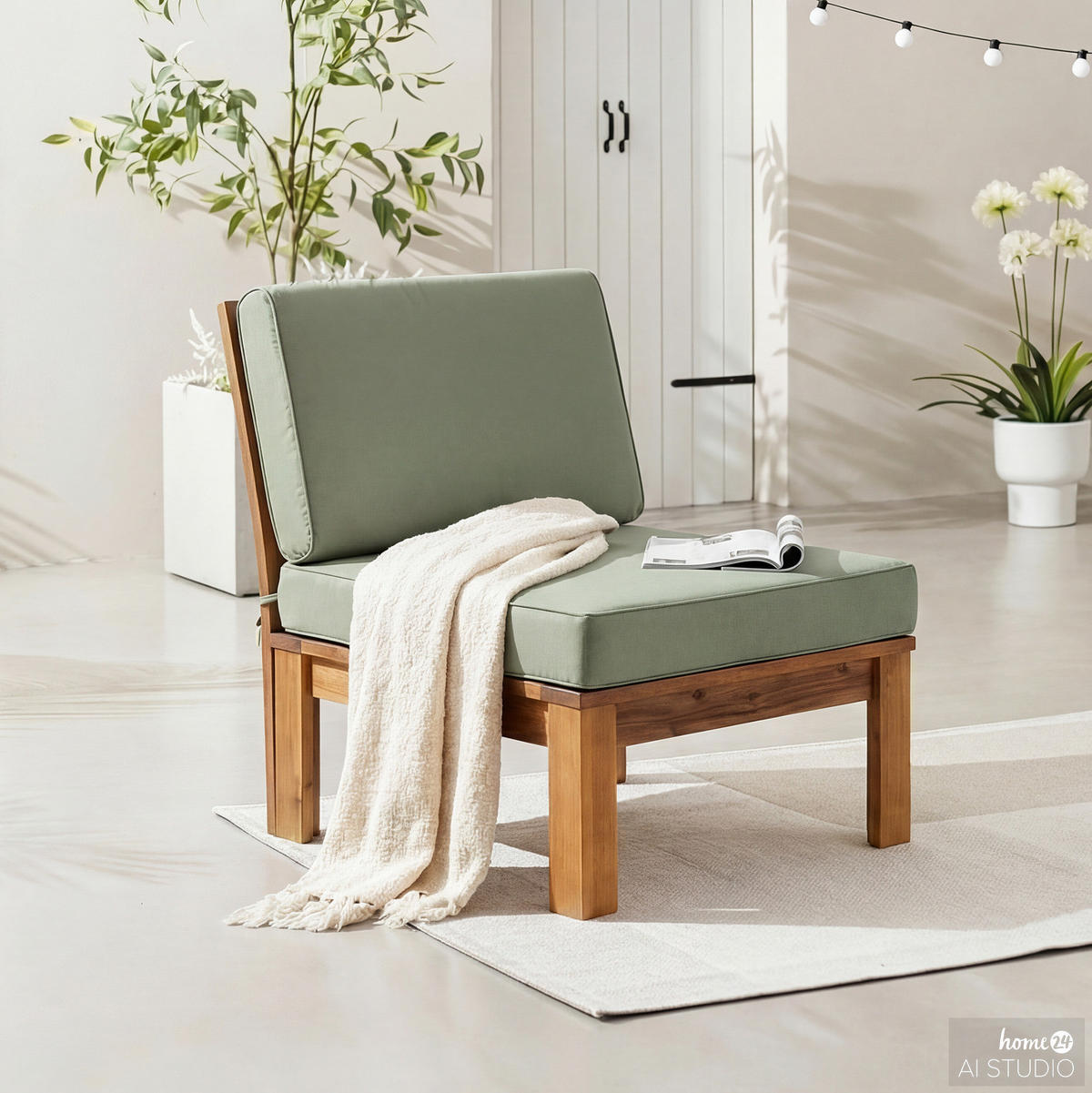 LOUNGESESSEL - Webstoff / Akazie massiv - Olivgrün, Holz/Textil (60/73/71cm) - home24