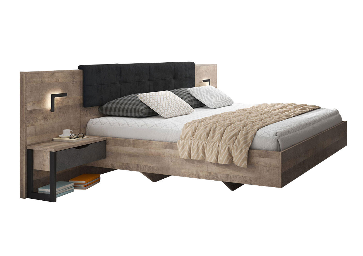 DOPPELBETT MIT NACHTKONSOLEN Arden Sand Grange Eiche / Matera / Schwarz 3-teilig - Braun/Grau, Holz/Holzwerkstoff (160/200cm) - Feldmann-Wohnen