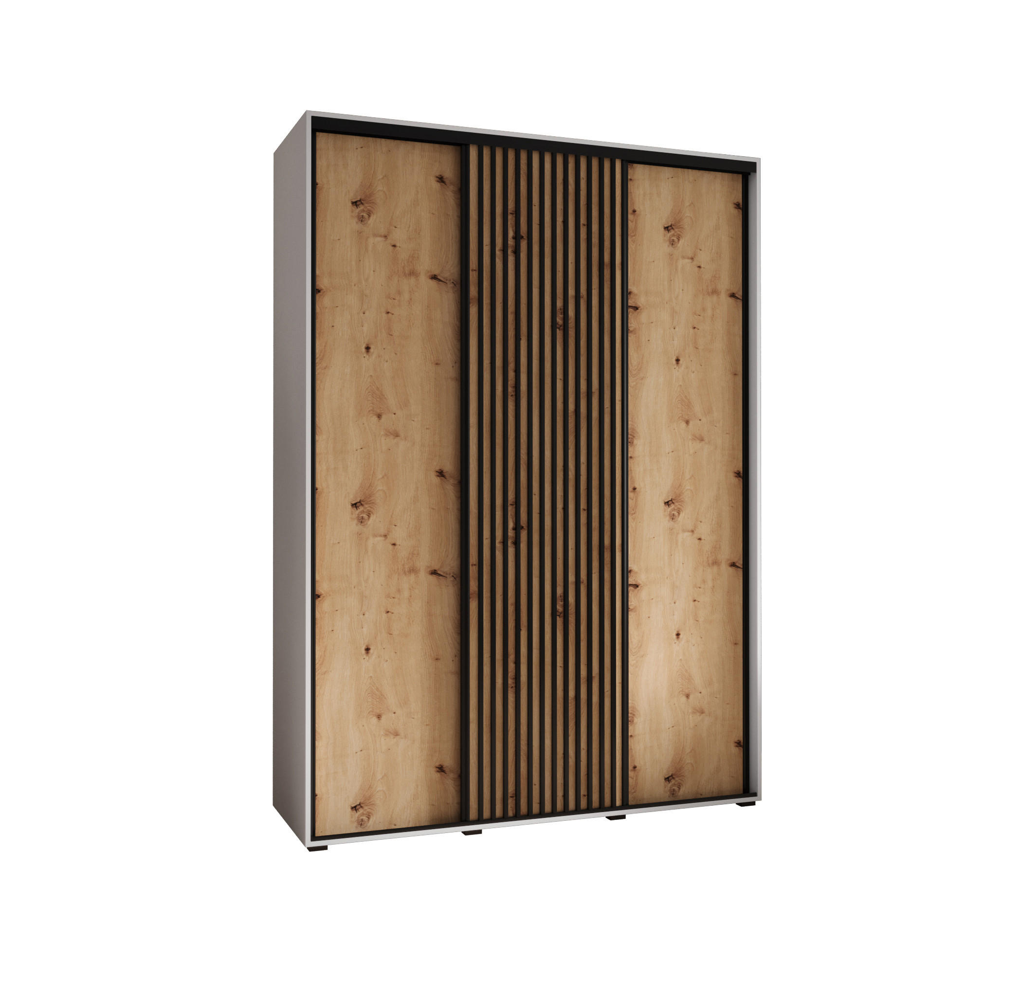 Abiks Möbel Schwebetürenschrank Weiß, Eiche Artisan, Schwarz 180x235x60 cm