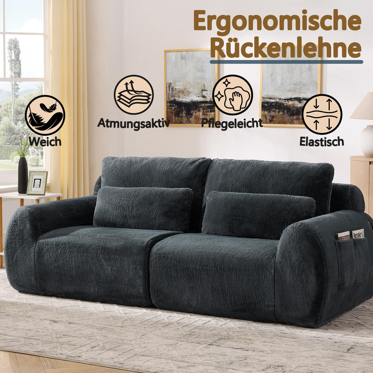 2-SITZER SOFA Kaninchenstil-Kunstfell Grau mit USB und Magazintasche - Grau, Textil (208/81/101cm) - WISHDOR