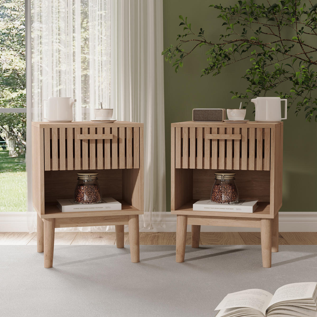 NACHTTISCH 2er Set Holzoptik Schubladen Ablage 40x35x55 cm - Naturfarben, Holz (35/55/40cm) - LEBENLANG