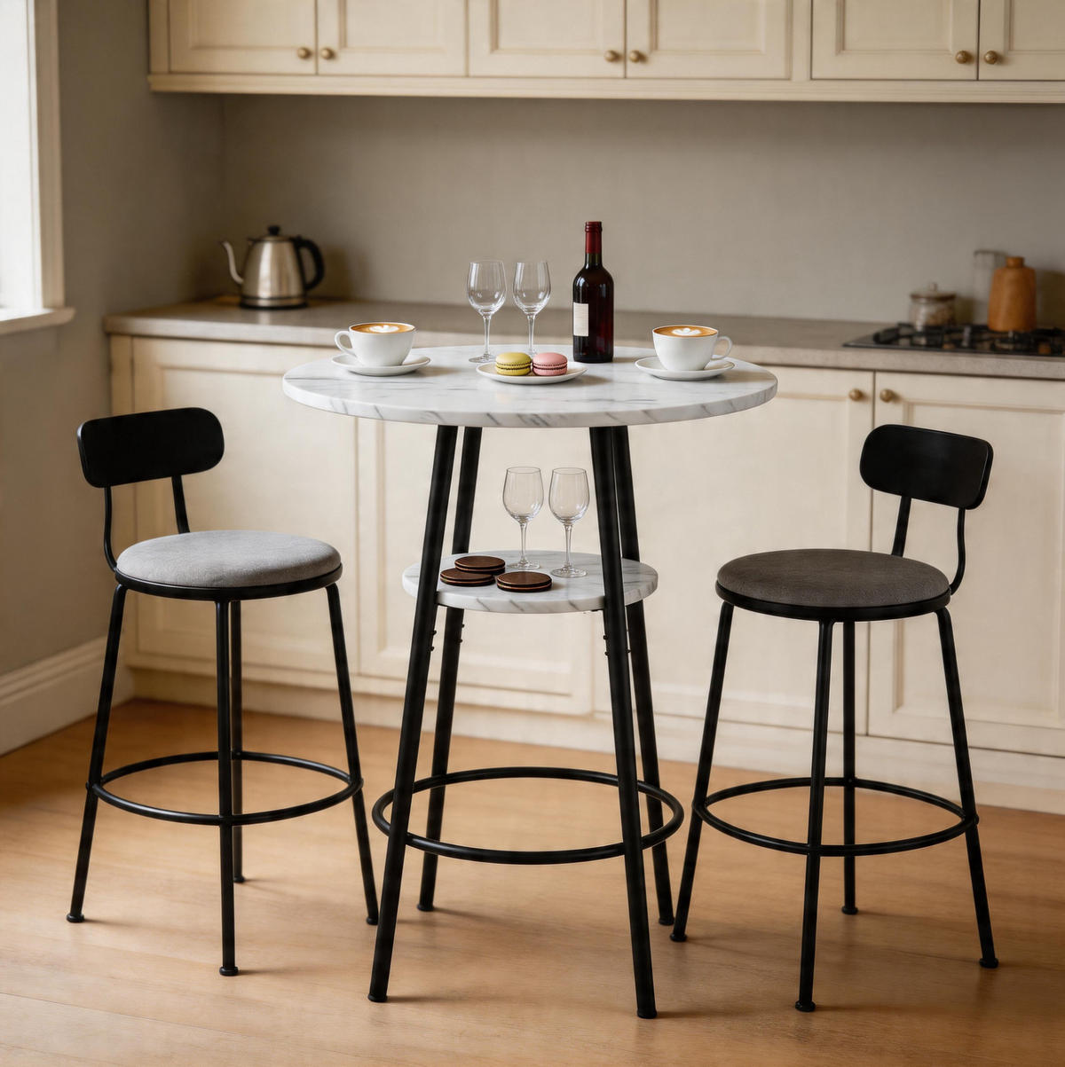 BARTISCH mit Stauraum 60 cm Weiß Marmoroptik - Weiß, Metall (60/60/89cm) - Meubliv