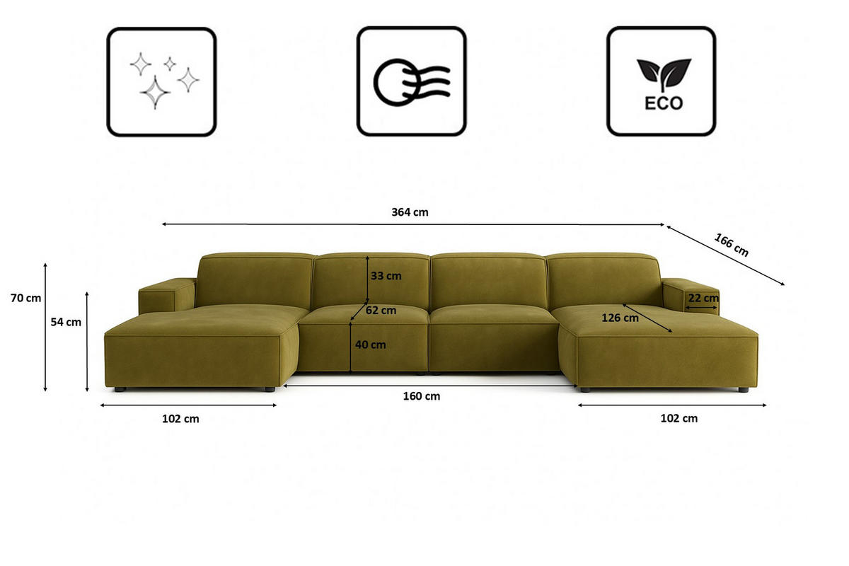 ECKSOFA Cursal U-Form, Stoff Salvador, Olive - Olivgrün, Holz (364/166cm) - Kaiser Möbel