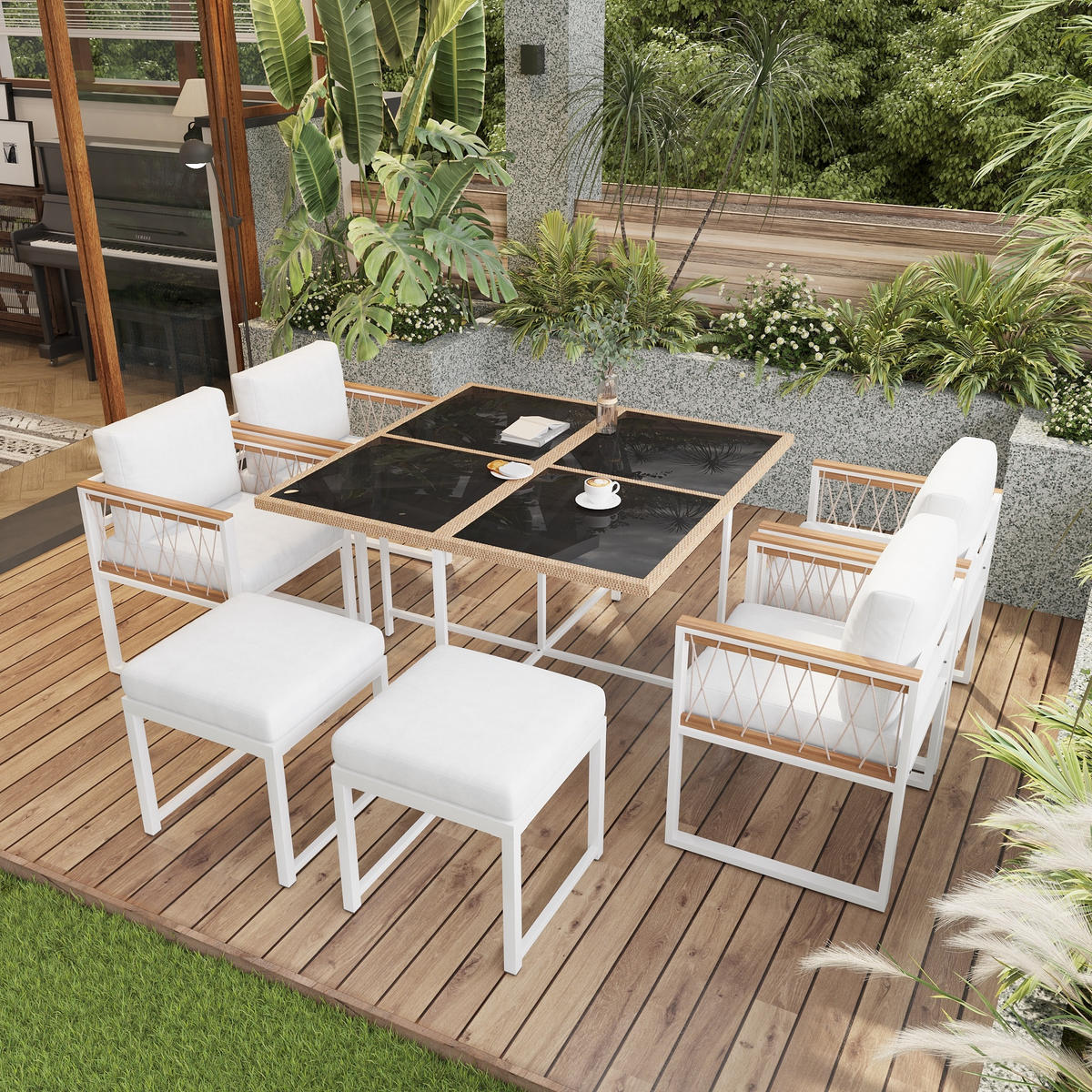 GARTENSET 7 tlg 6 Personen Tisch Stühle - Weiß, Metall - LEBENLANG