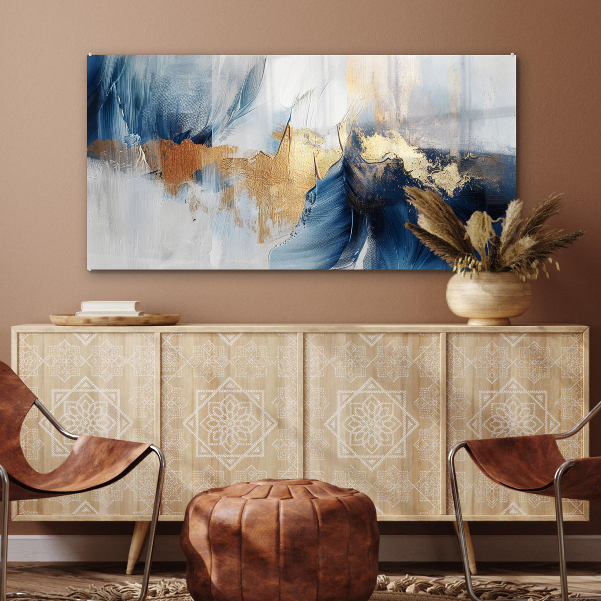 OBRAZ NA AKRYLOVOM SKLE Zlatá - modrá - akvarel - umenie - moderné 120x60 cm - svetlomodrá, sklo (120/60cm) - MuchoWow