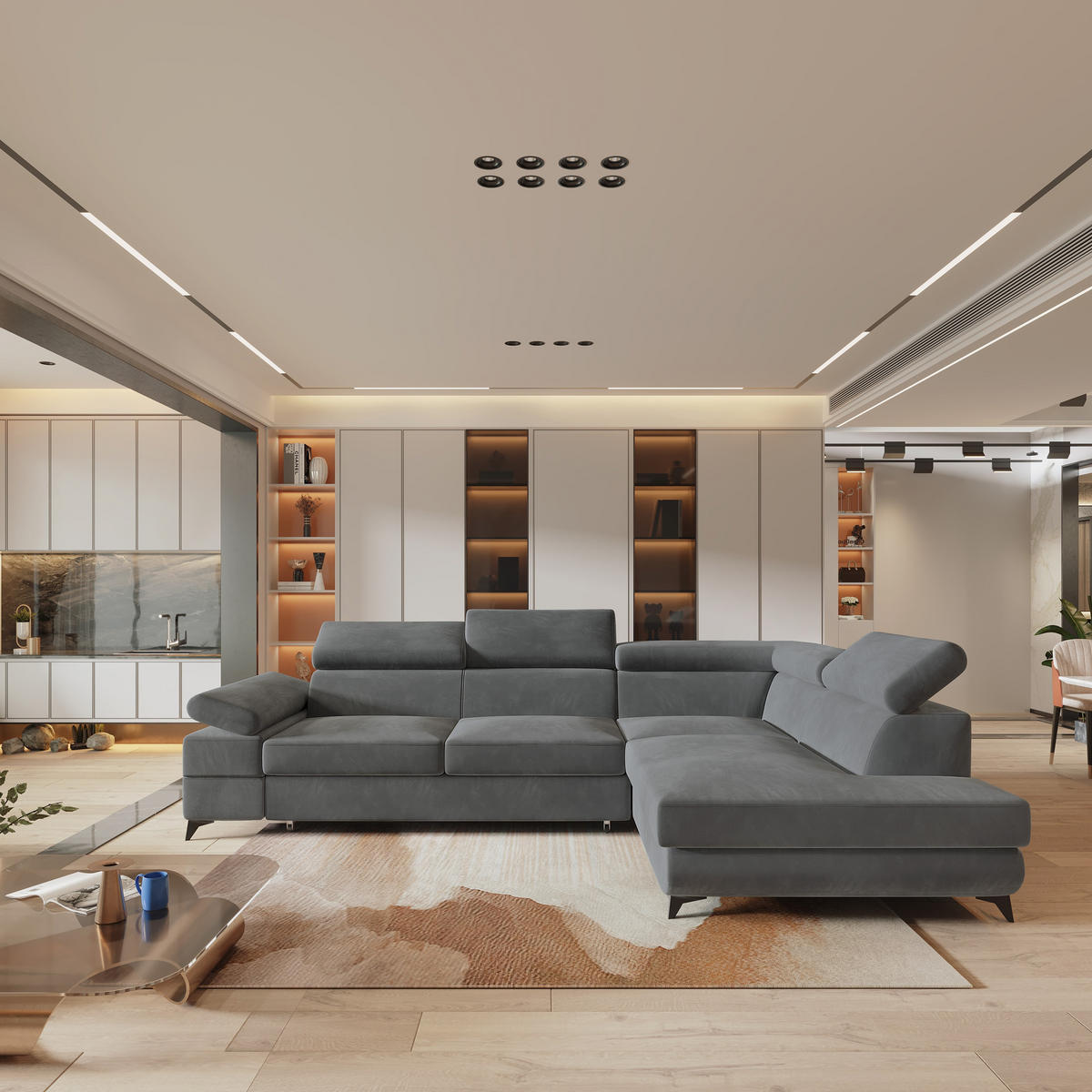 ROHOVÁ SEDAČKA FAVIEN šedá - šedá/černá, kov/dřevo (257/190cm) - MASSENO