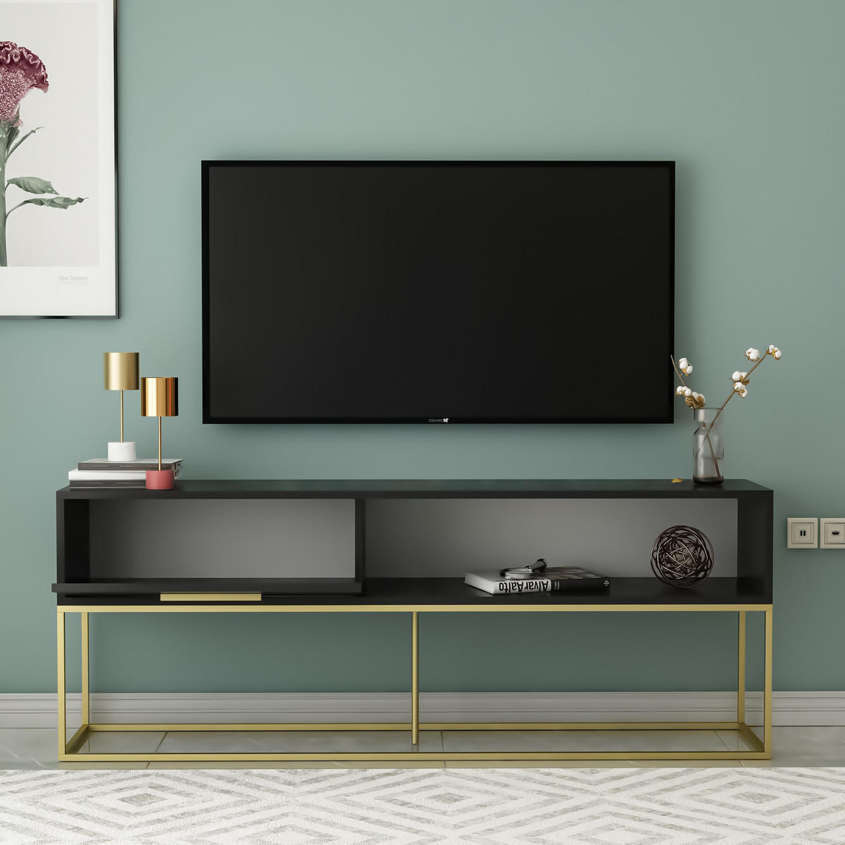 TV-LOWBOARD Mira Schwarz Gold mit Metall Füße 9635 - Goldfarben/Schwarz, Holzwerkstoff/Metall (160/60/35cm) - moebel17