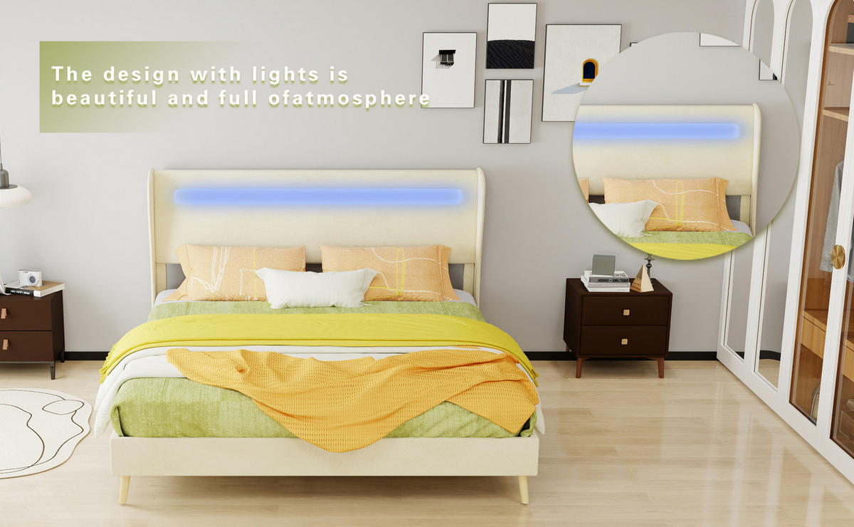 POLSTERBETT 160/200 cm mit verstellbarer Rückenlehne und LED-Beleuchtung, Beige - Beige, Textil (160/200cm) - Redom