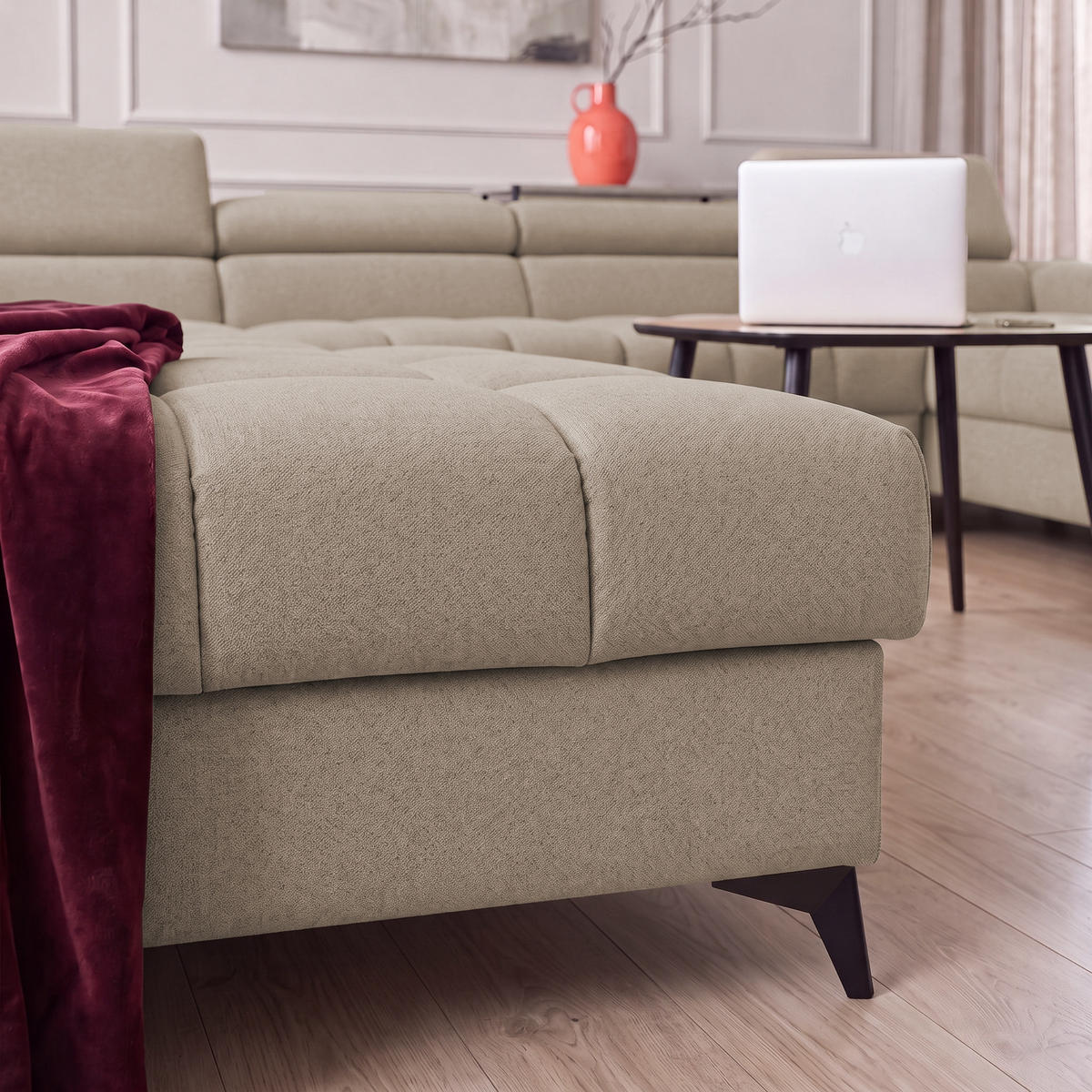 ECKSOFA PUDDING U Rechts mit Schlaffunktion 125x260 Velours Beige - Beige/Schwarz, Holz/Textil (350/203cm) - Muffo