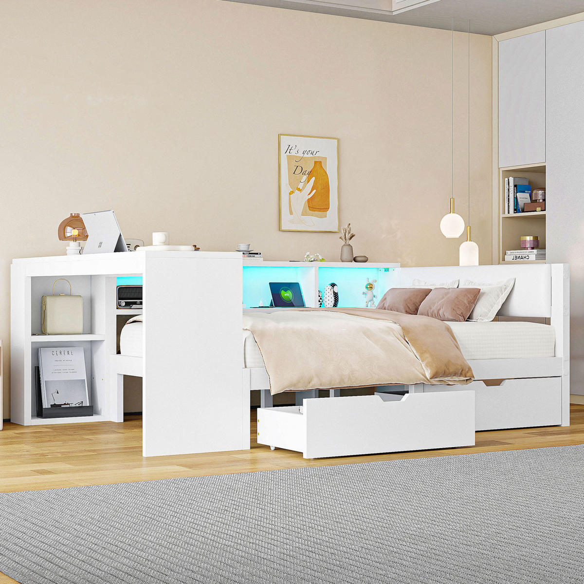 BETT 140/200 cm in Weiß mit gepolstertem Kopfteil, Schubladen und LED - Weiß, Holzwerkstoff (140/200cm) - BEAOK