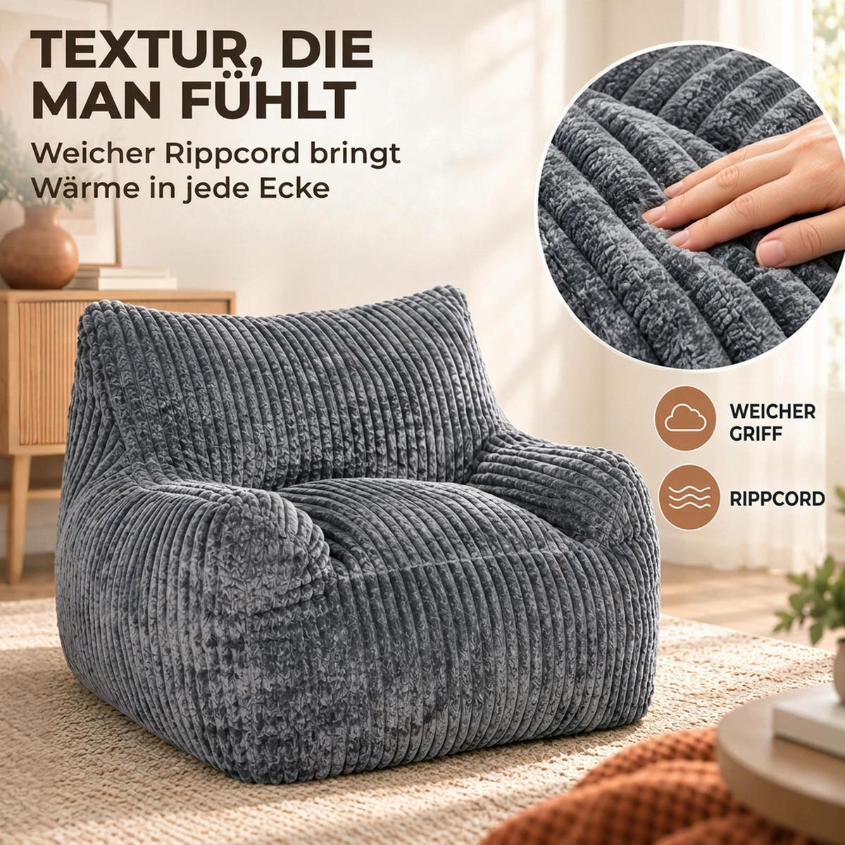 BODENSESSEL Cord Schaumstoff Grau - Grau, Textil (107/71/115cm) - HOMCOM