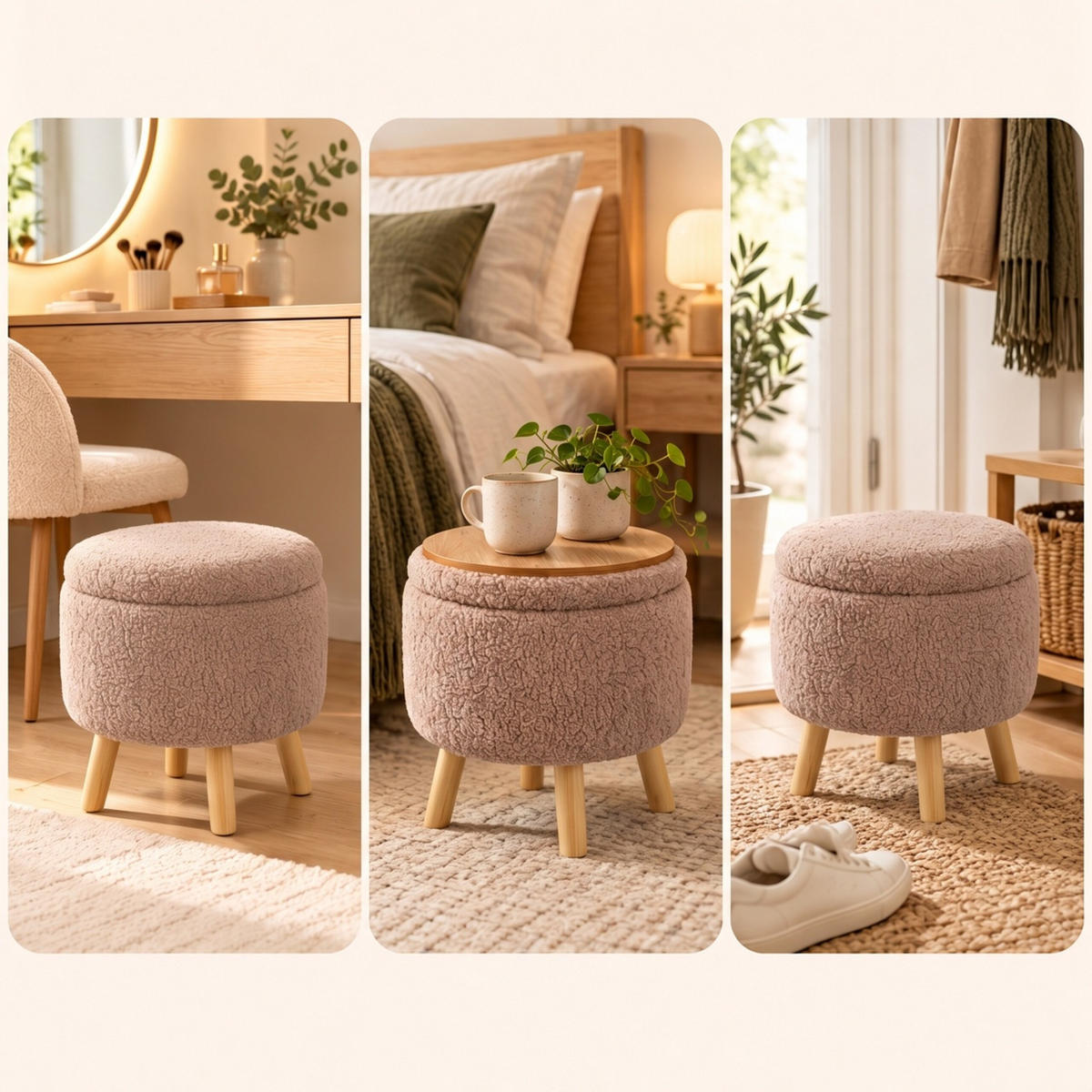 TABURET Hnědá teddy látka s úložným prostorem 30x33 cm - hnědá, dřevo/kompozitní dřevo (33/30/33cm) - Relaxdays