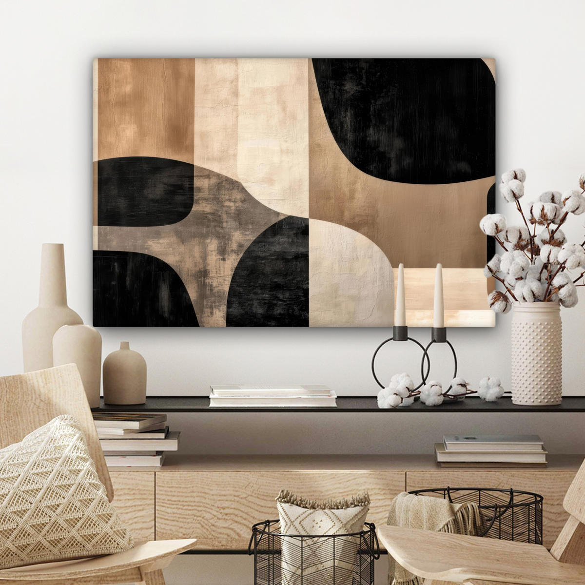 LEINWANDBILD Abstrakt - Flugzeuge - Schwarz - Rund Gemälde 60x40 cm - Beige, Textil (60/40cm) - MuchoWow