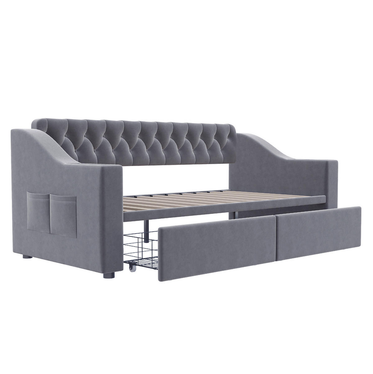 POLSTERBETT 90/190 cm mit USB- und Typ-C-Anschluss, Stauraumschubladen und Armlehnenfächern aus Samt, Dunkelgrau - Grau, Textil (90/190cm) - Redom