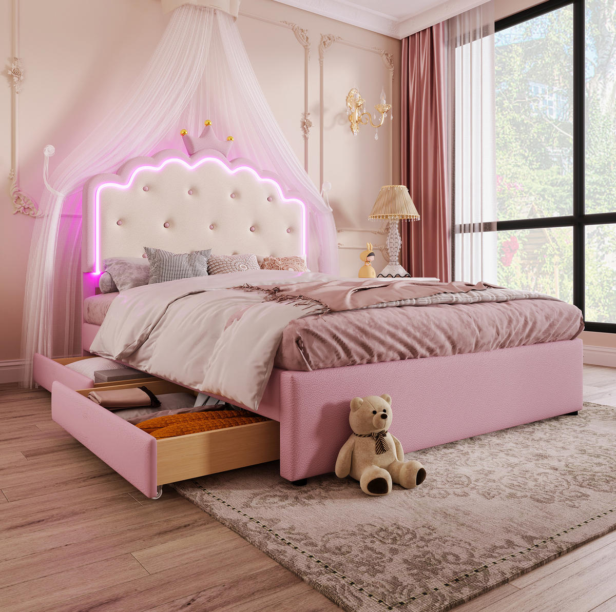 POLSTERBETT 140/200 cm aus PU und MDF mit LED-Beleuchtung, Ausziehbett und 2 Schubladen Rosa - Pink, Kunststoff (140/200cm) - Modenvie