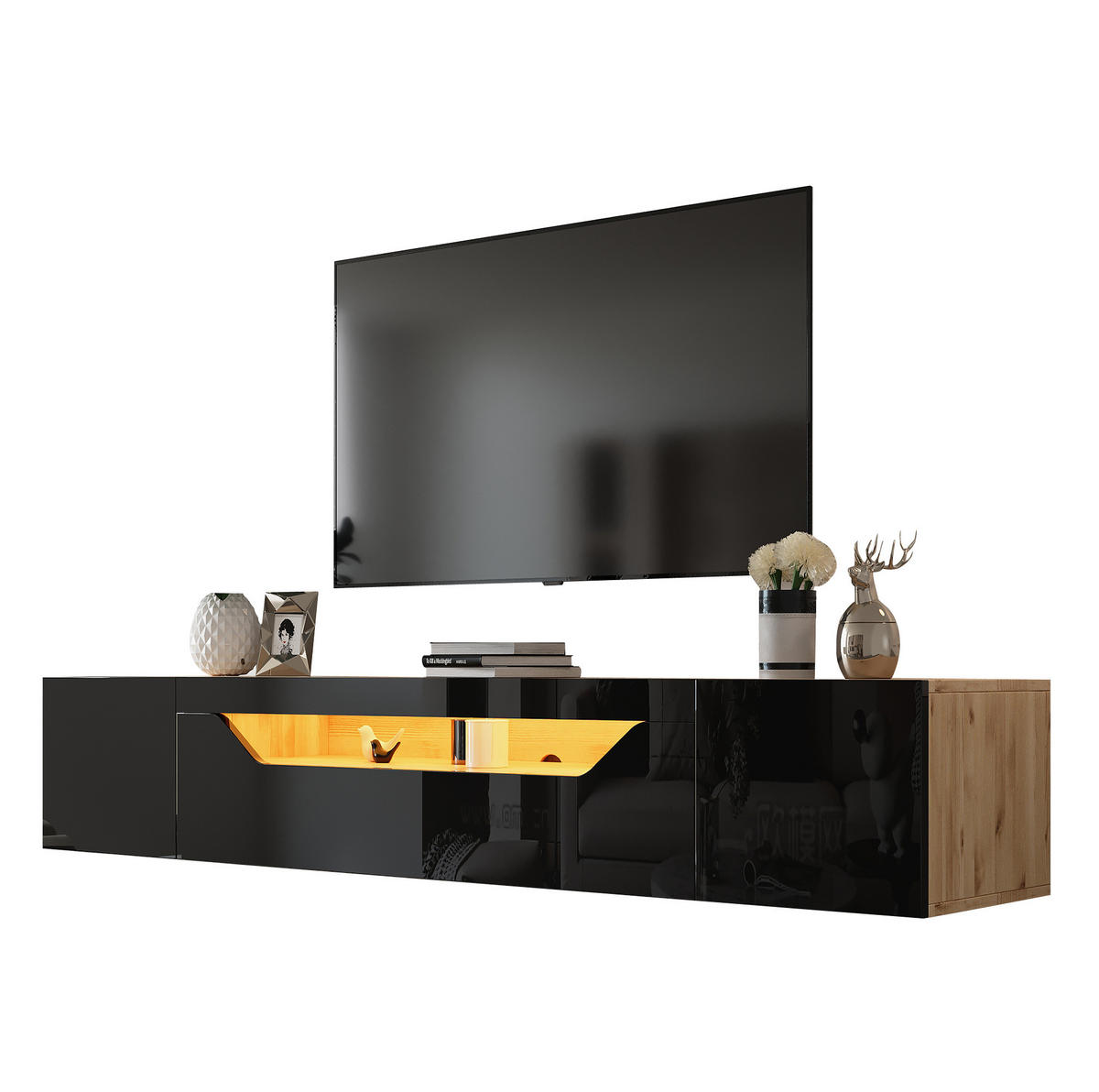 TV-LOWBOARD aus Spanplatte 180x37x36 cm Schwarz/Natur mit LED-Beleuchtung, wandmontiert und Hochglanzfront - Schwarz, Holzwerkstoff (180/36/37cm) - Modfu