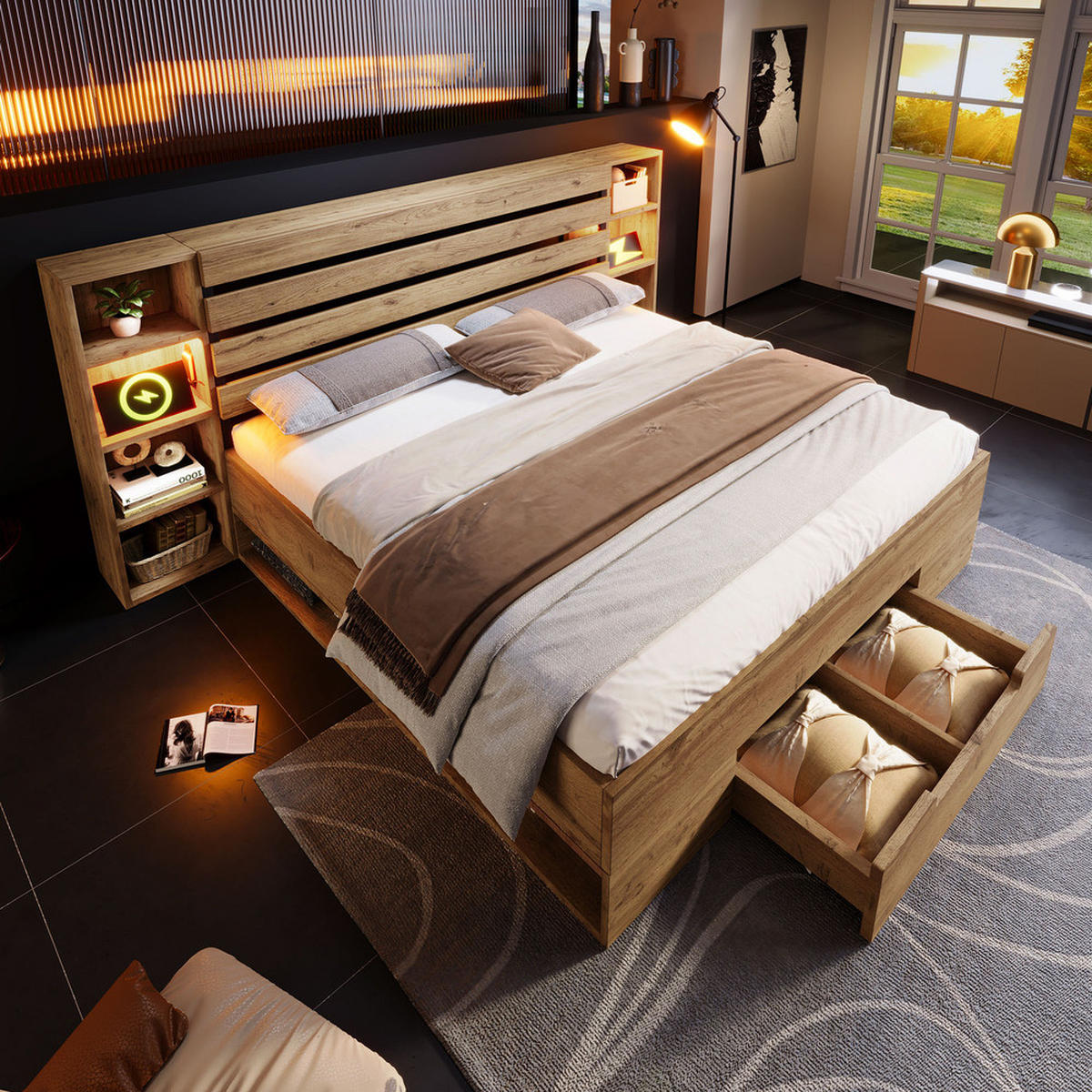 DOPPELBETT 180x200cm Massivholzbett LED-Beleuchtung USB-C Stauraum Eiche - Braun, Holz - FLIEKS