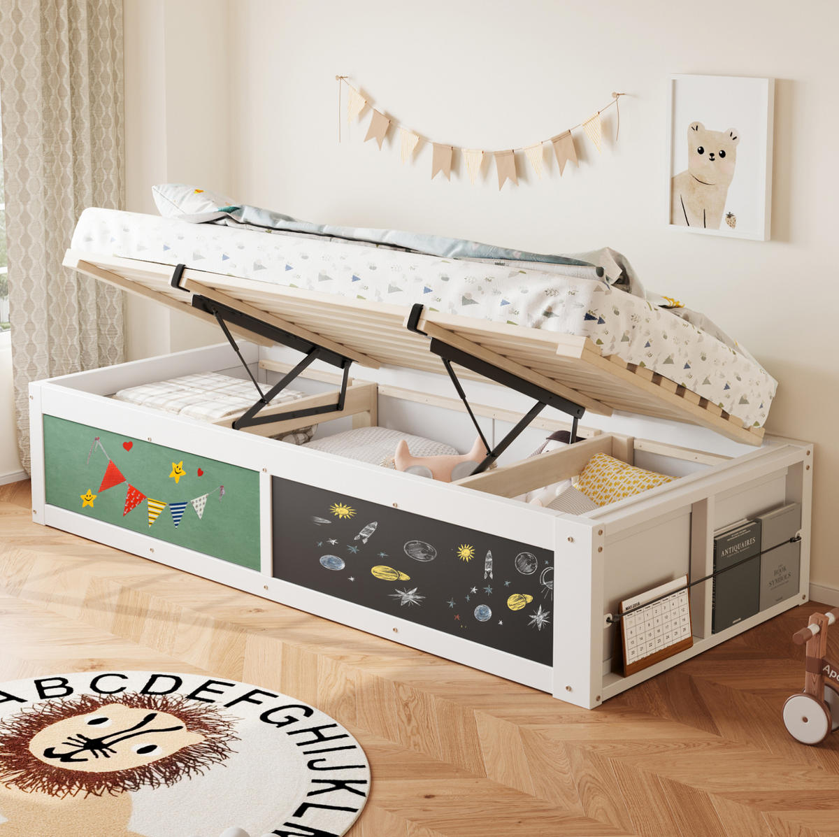 KINDERBETT 90/200 cm in Weiß mit Hydraulik-Stauraum und Tafel - Weiß, Holzwerkstoff (90/200cm) - BEAOK
