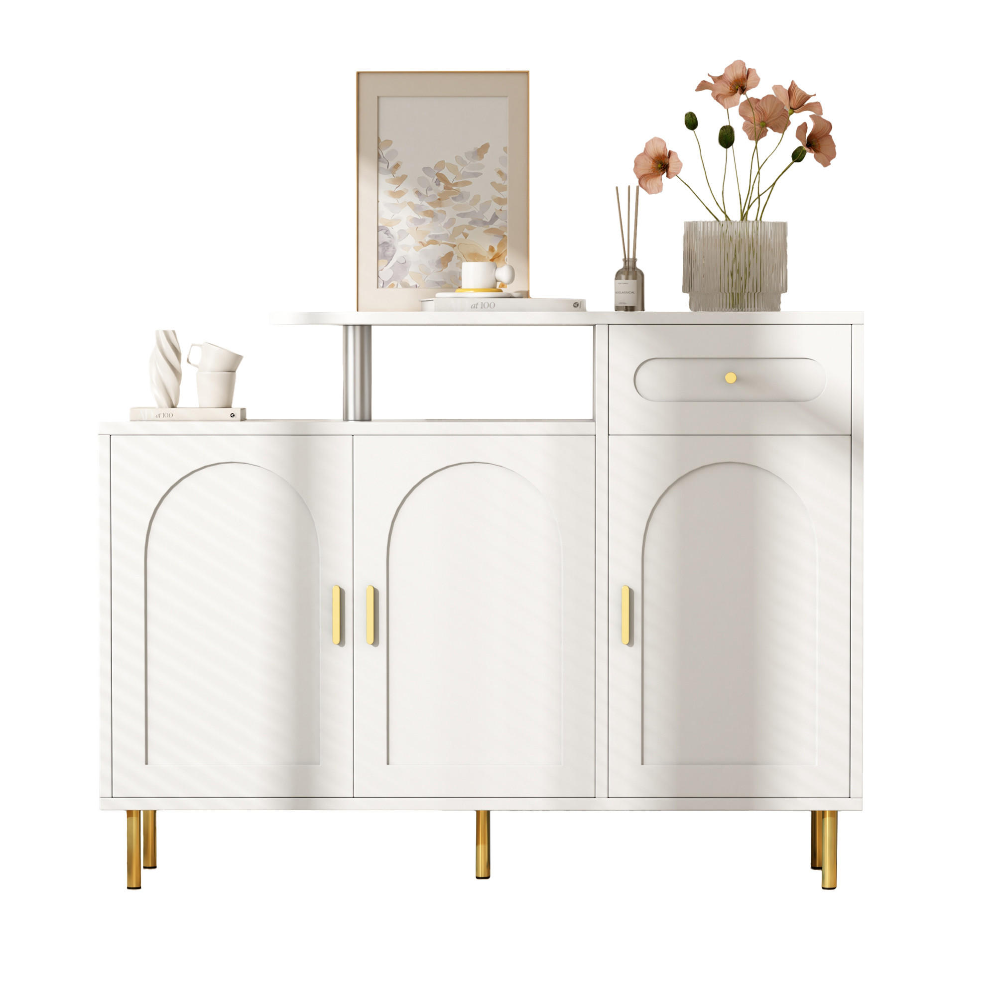 SIDEBOARD in Weiß Schuhschrank mit 3 Türen, 1 Schublade & Metallgriffen, auf Metallfüßen,B120/T35/H92cm - Goldfarben/Weiß, Holzwerkstoff/Metall (120/92/35cm) - STILVORA