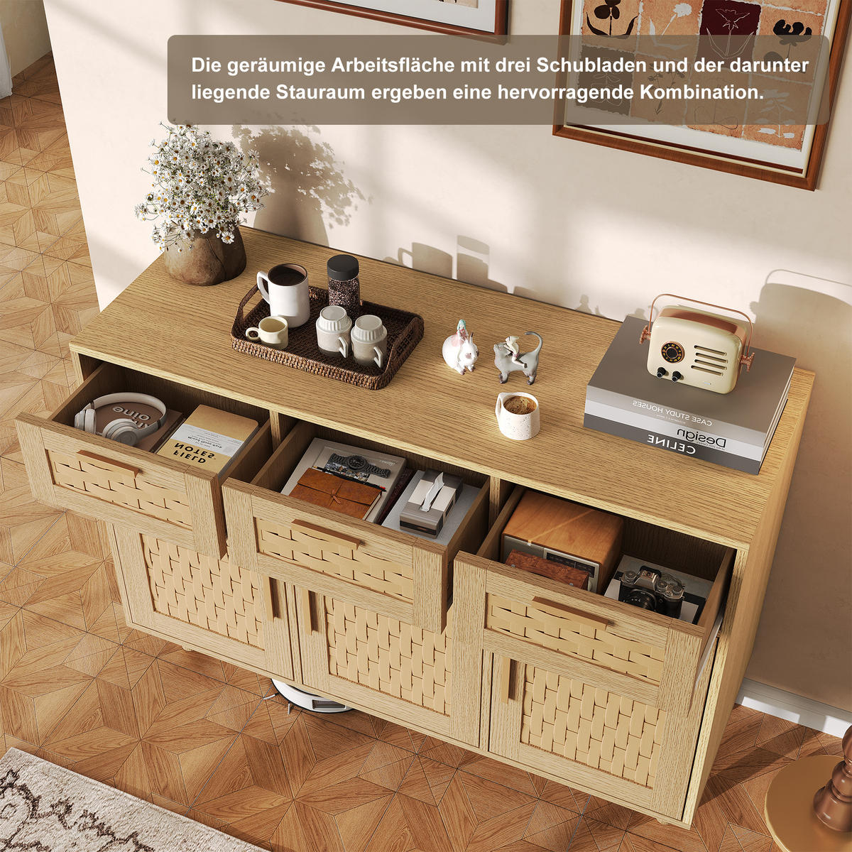 SIDEBOARD für das Esszimmer mit Korbgeflecht-Optik, Aufbewahrungsschrank aus Naturholz, Wohnzimmerschrank mit 3 Schubladen und 3 Türen, in Eiche - Alteiche, Holz (40/80/107.9cm) - WoodenAura
