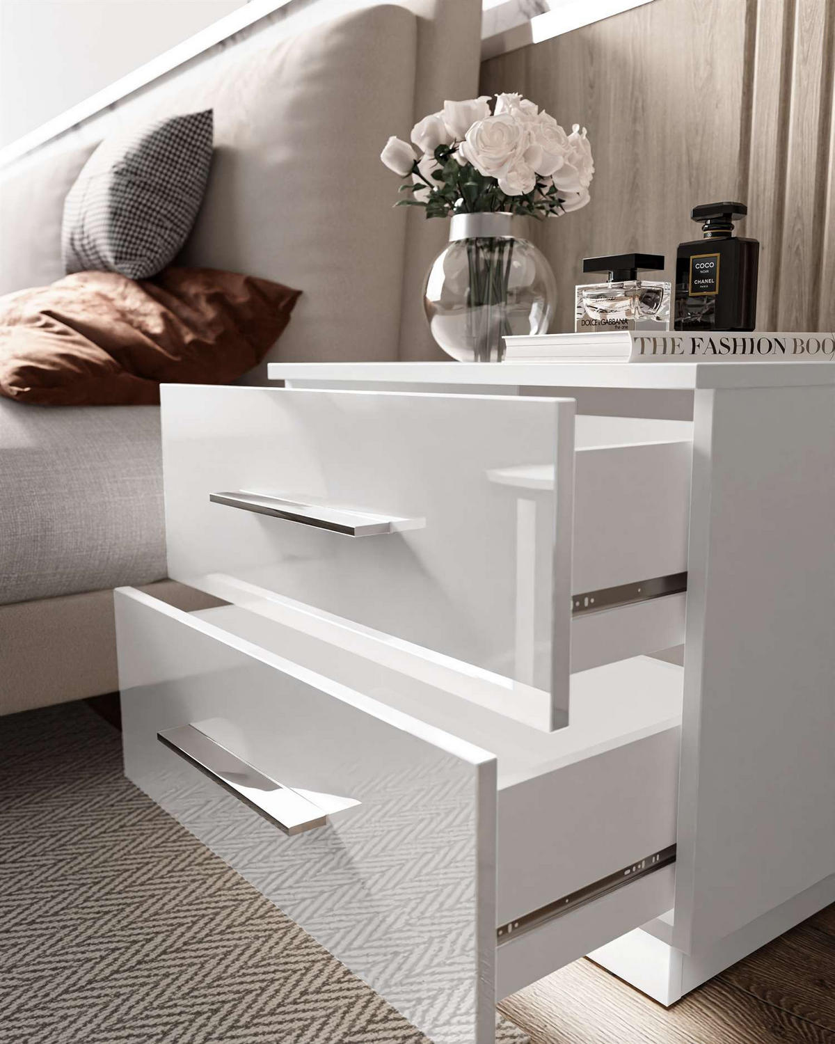 NACHTTISCH LINA mit Chromgriffen, Hochglanz, LED - Weiß, Holzwerkstoff (55/50/37cm) - Lookway