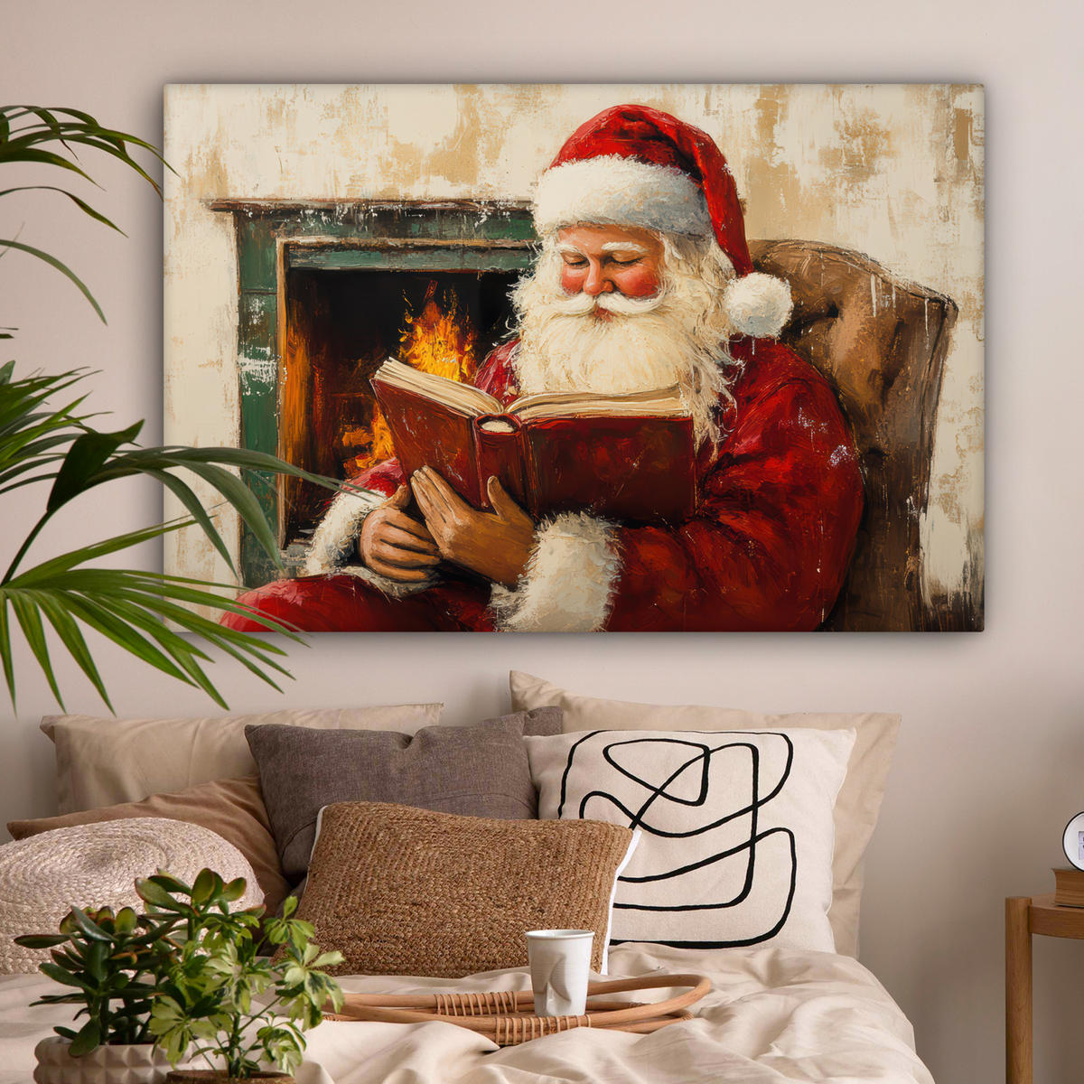 LEINWANDBILD Weihnachten - Weihnachtsmann - Winter - Open Fireside Wohnzimmer 120x80 cm - Dunkelrot, Textil (120/80cm) - MuchoWow