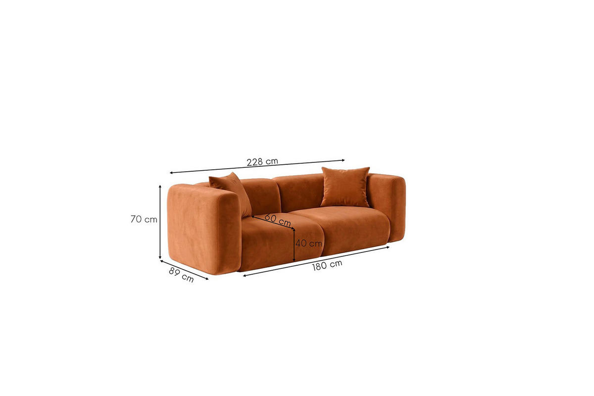 SOFA 2-Sitzer, Velvet-Stoff Bluvel, Zimtfarbe, GRETA - Orange, Holz (228/70/89cm) - Kaiser Möbel