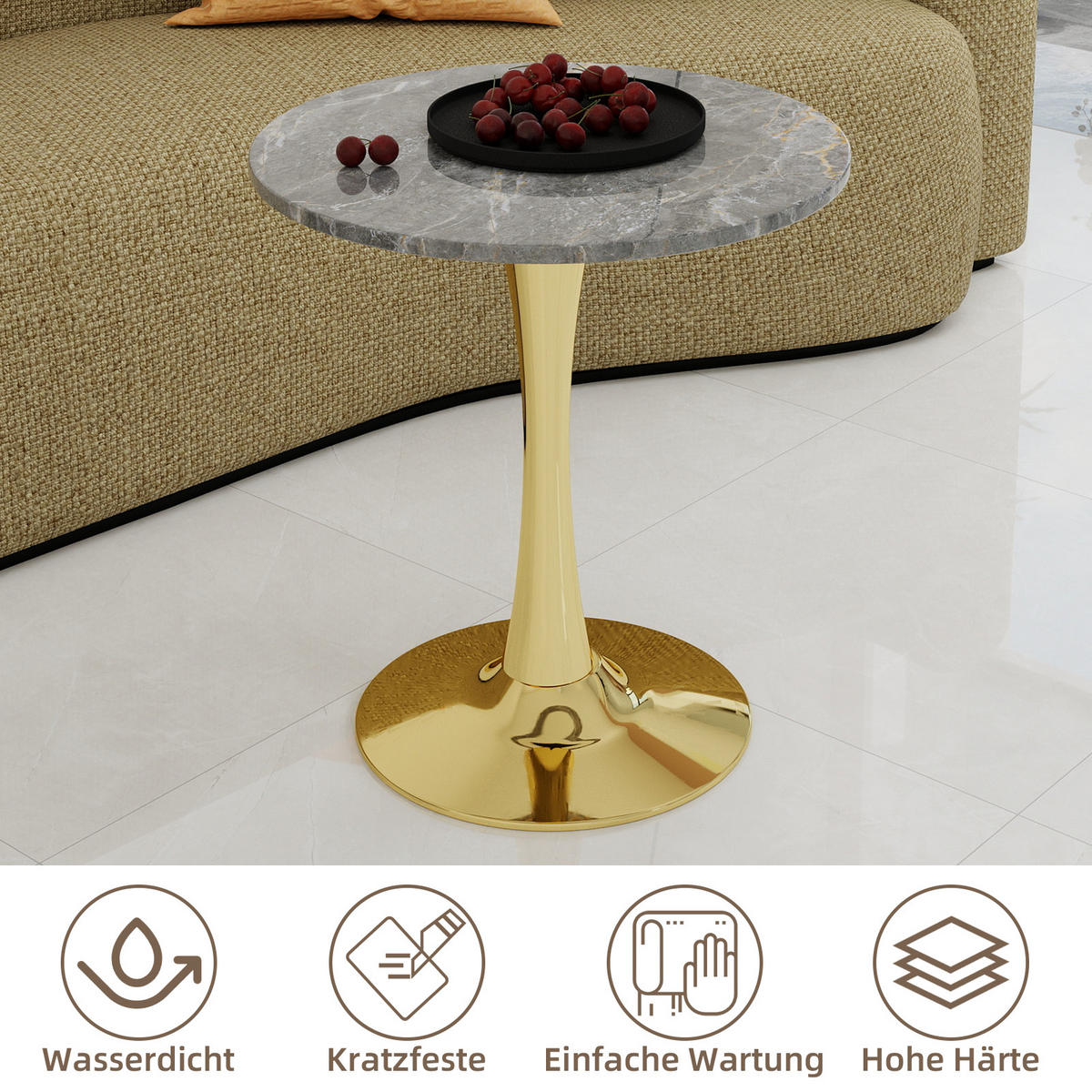 COUCHTISCH in Grau und Gold Wohnzimmertisch mit einer runden Marmor-Tischplatte für Wohnzimmer, B70/T70/H72 cm - Goldfarben, Stein/Metall (70/70/72cm) - STILVORA