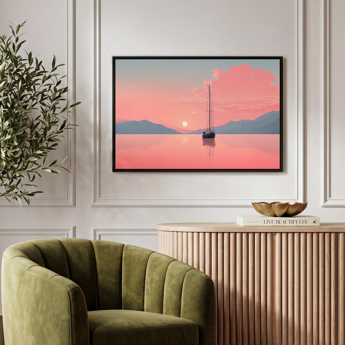 LEINWAND Bilder mit Rahmen - Segelboot - Rosa Meer - Sonnenuntergang - Berge - 60x40 - Rosa, Textil (60/40cm) - OnlyWow