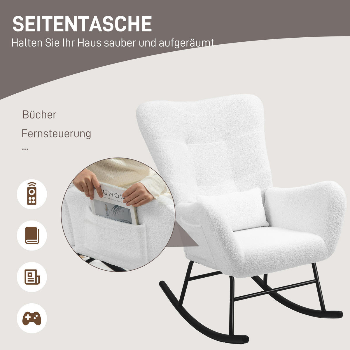 SCHAUKELSTUHL, Schaukelsessel mit Teddystoff-Optik, Armlehne, Seitentasche Weiß - Weiß, Textil (67/100/95cm) - HOMCOM