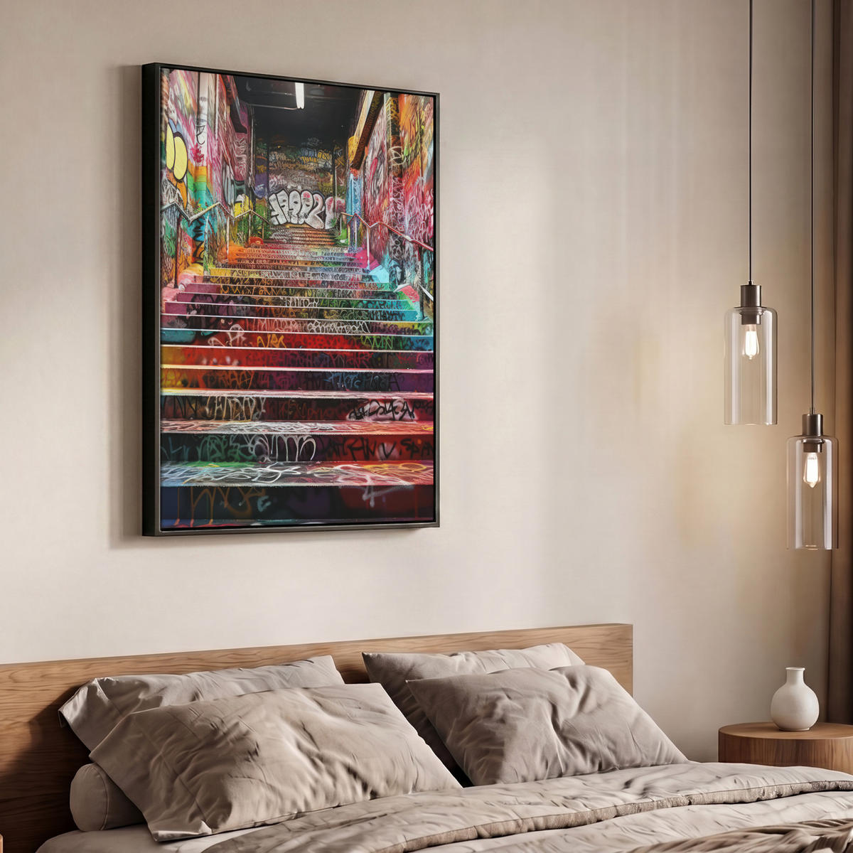 LEINWAND Bilder mit Rahmen - Treppe - Graffiti - Farben - Kunst - 70x100 - Multicolor, Textil (70/100cm) - MuchoWow
