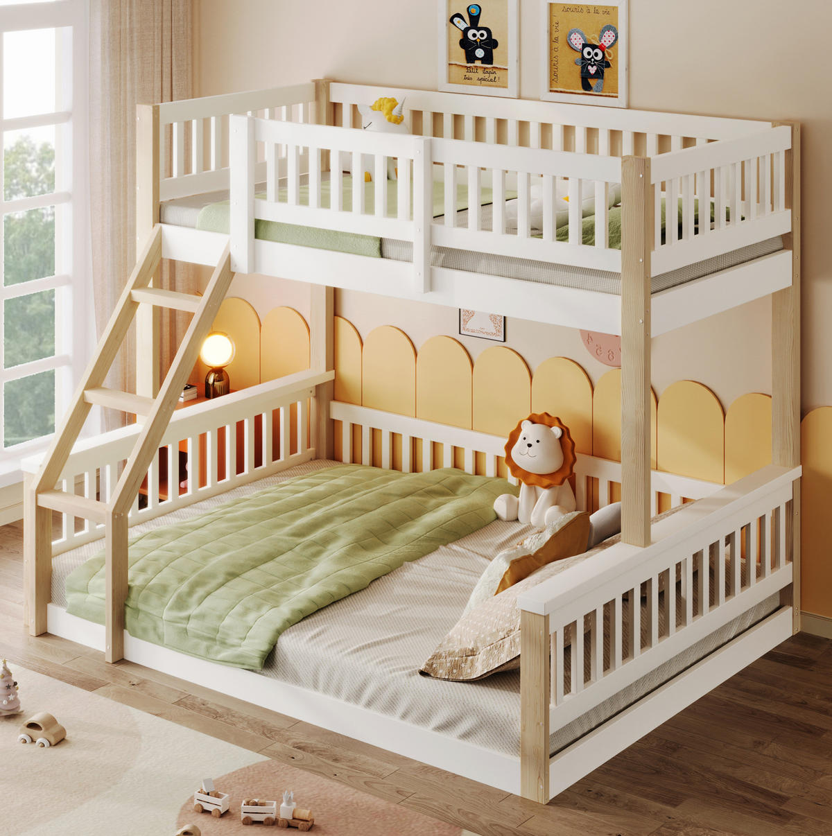 ETAGENBETT aus Kiefer 90x200/140x200 cm Weiß/Natur mit Leiter und Bettgitter, platzsparend - Weiß, Holzwerkstoff (90/200cm) - Modfu