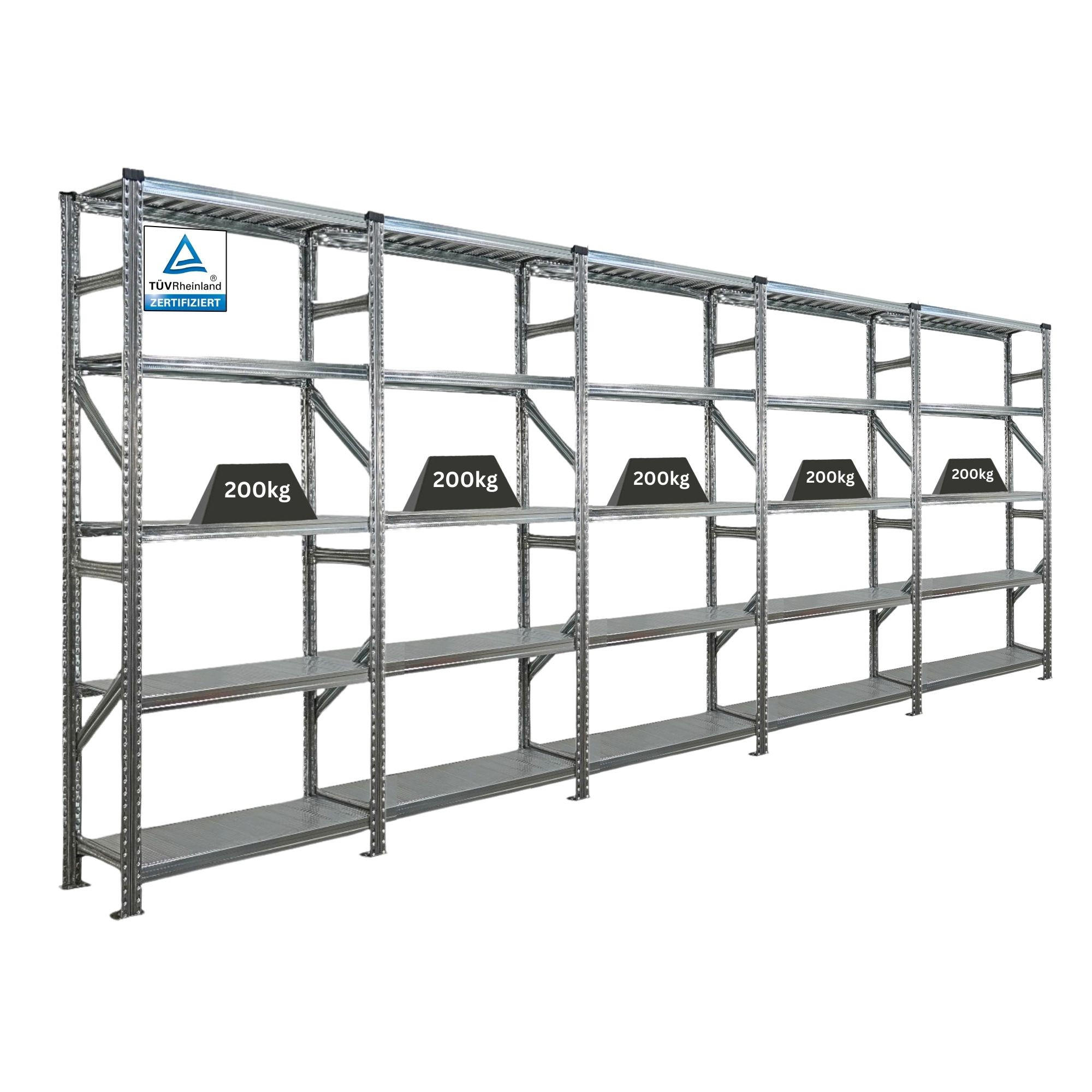 FACHBODENREGAL PROXIMO 200x450x32cm 5 Ebenen Beidseitig nutzbar Verzinkt - Silberfarben, Metall (450/200/32cm) - PROREGAL