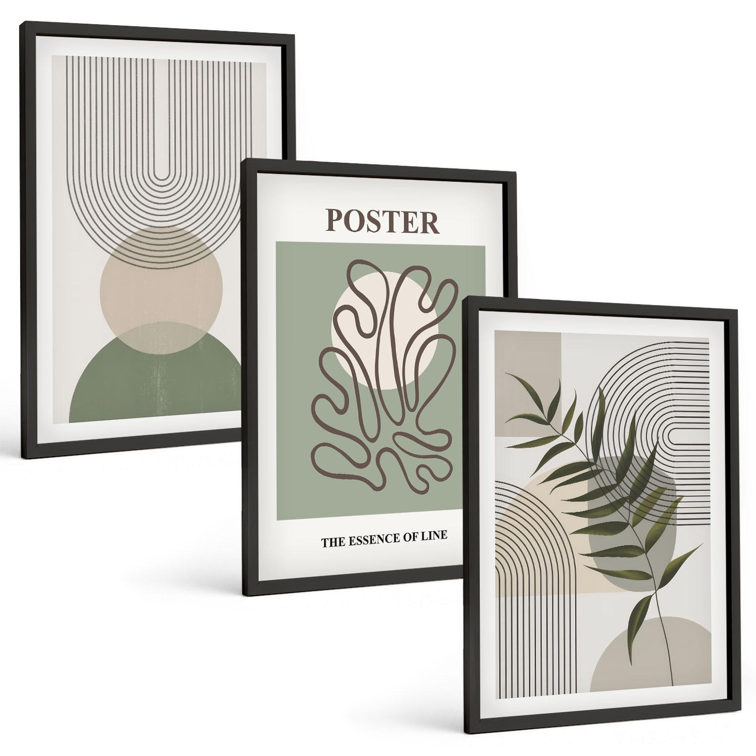 BILDER SET 3er Set - 40x60 cm Schwarzer Rahmen - Geometrische botanische Muster - Schwarz, Kunststoff (40/60cm) - TULUP
