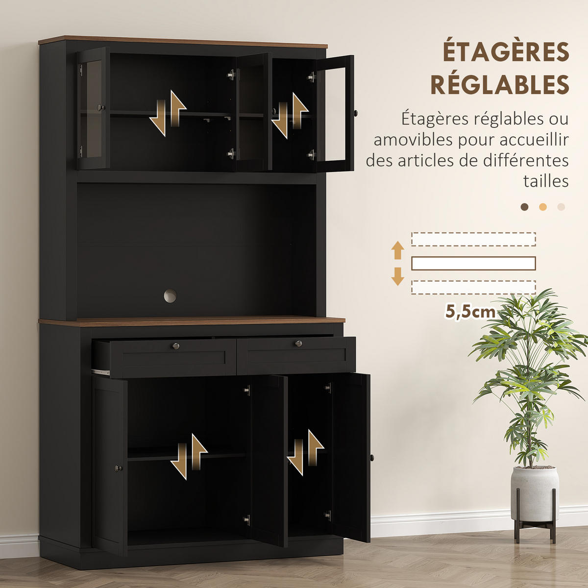 BUFFET DE-11213 6 Türen & 2 Schubladen mit Arbeitsplatte Schwarz - Schwarz, Holzwerkstoff (40/180/100cm) - ComfortXL