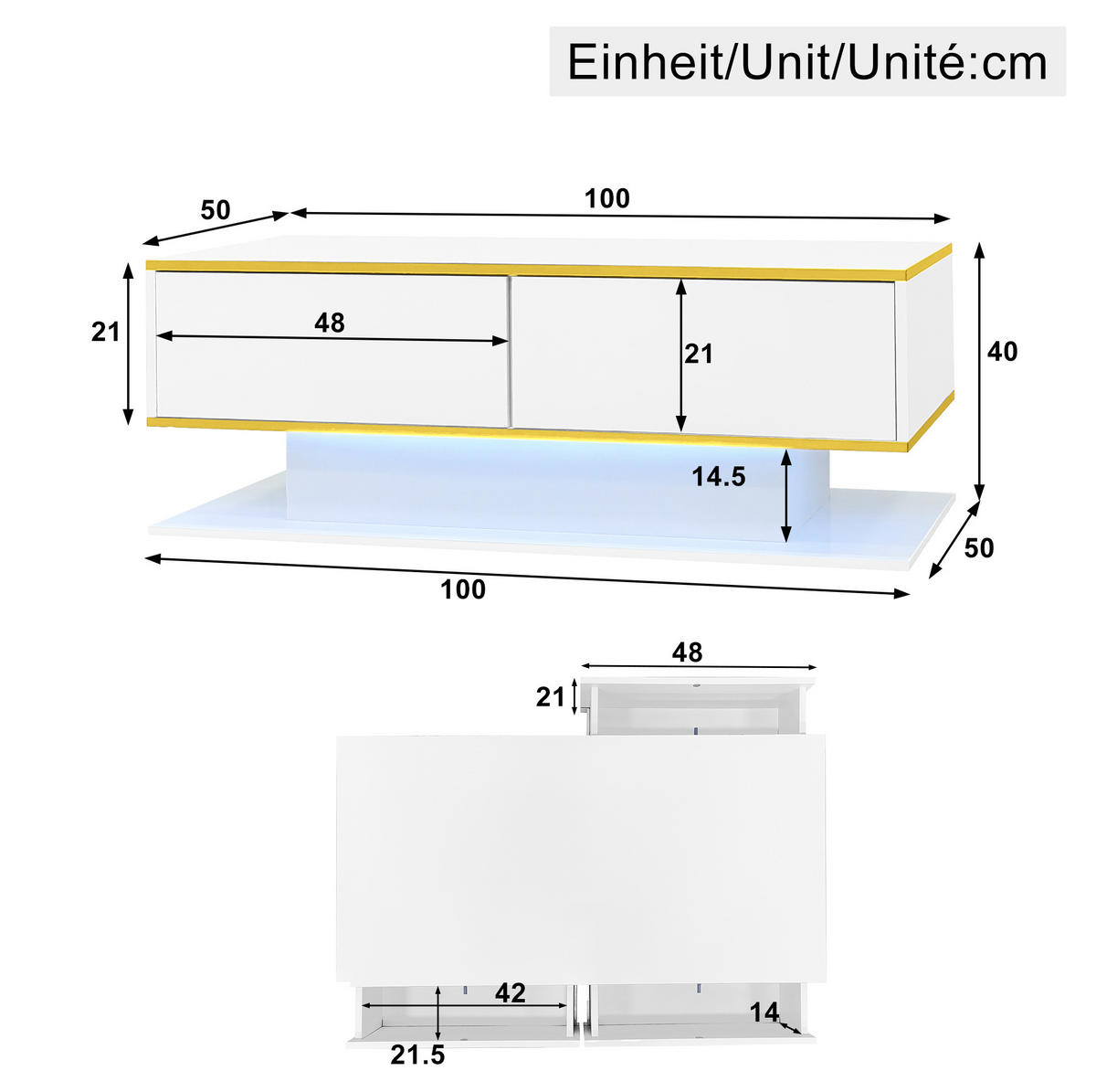 KONFERENČNÍ stolek z dřevotřísky, 100/50/40 cm bílá/zlatá, s LED osvětlením a 3 zásuvkami - bílá, kompozitní dřevo (100/50/40cm) - BEAOK