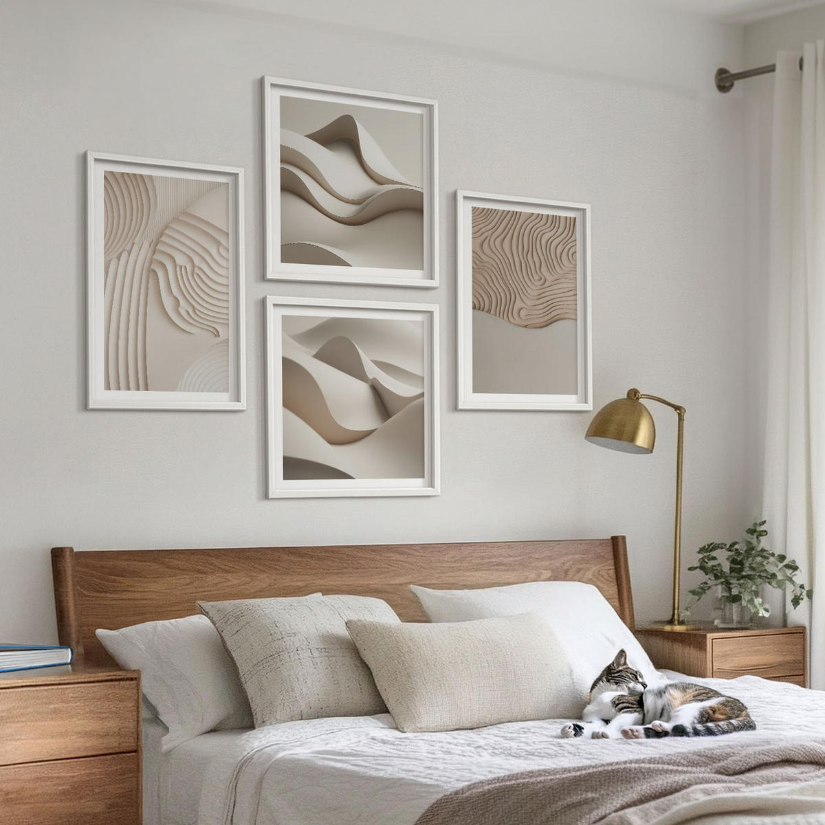 BILDER SET 4er Set - 50x50 cm & 40x60 cm Weißer Rahmen - Abstrakte Wellen auf dem Sand - Weiß, Kunststoff (50/50cm) - TULUP