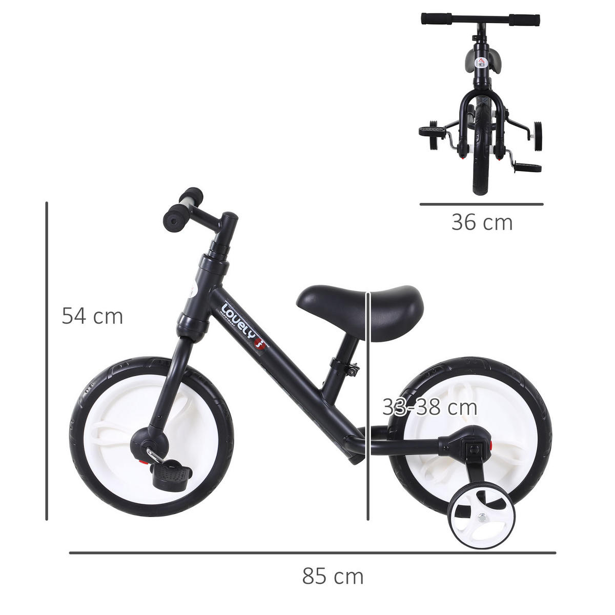 KINDER Laufrad Kinderfahrrad Stützräder Pedale 2-in-1 2-5 Jahre Kunststoff - Schwarz, Kunststoff (85/36/54cm) - HOMCOM