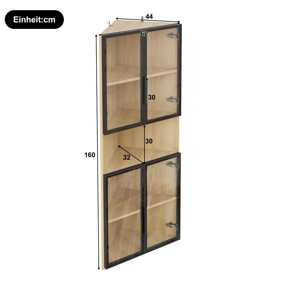 VITRINE in Eichenfarbe Eckvitrine mit LED Lichtleiste und Schrank für Wohnzimmer und Badezimmer, B62/T32/H160 cm - Transparent/Eichefarben, Glas/Holzwerkstoff (62/160/32cm) - STILVORA