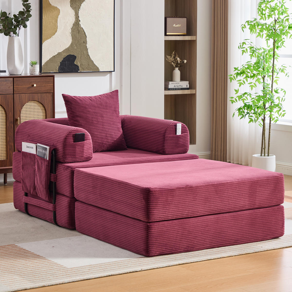 MODULARES Cordsofa 112/190/67 cm aus Cord mit Hocker und montagefreiem Komfort Weinrot - Weinrot, Textil (190/67/112cm) - Modenvie