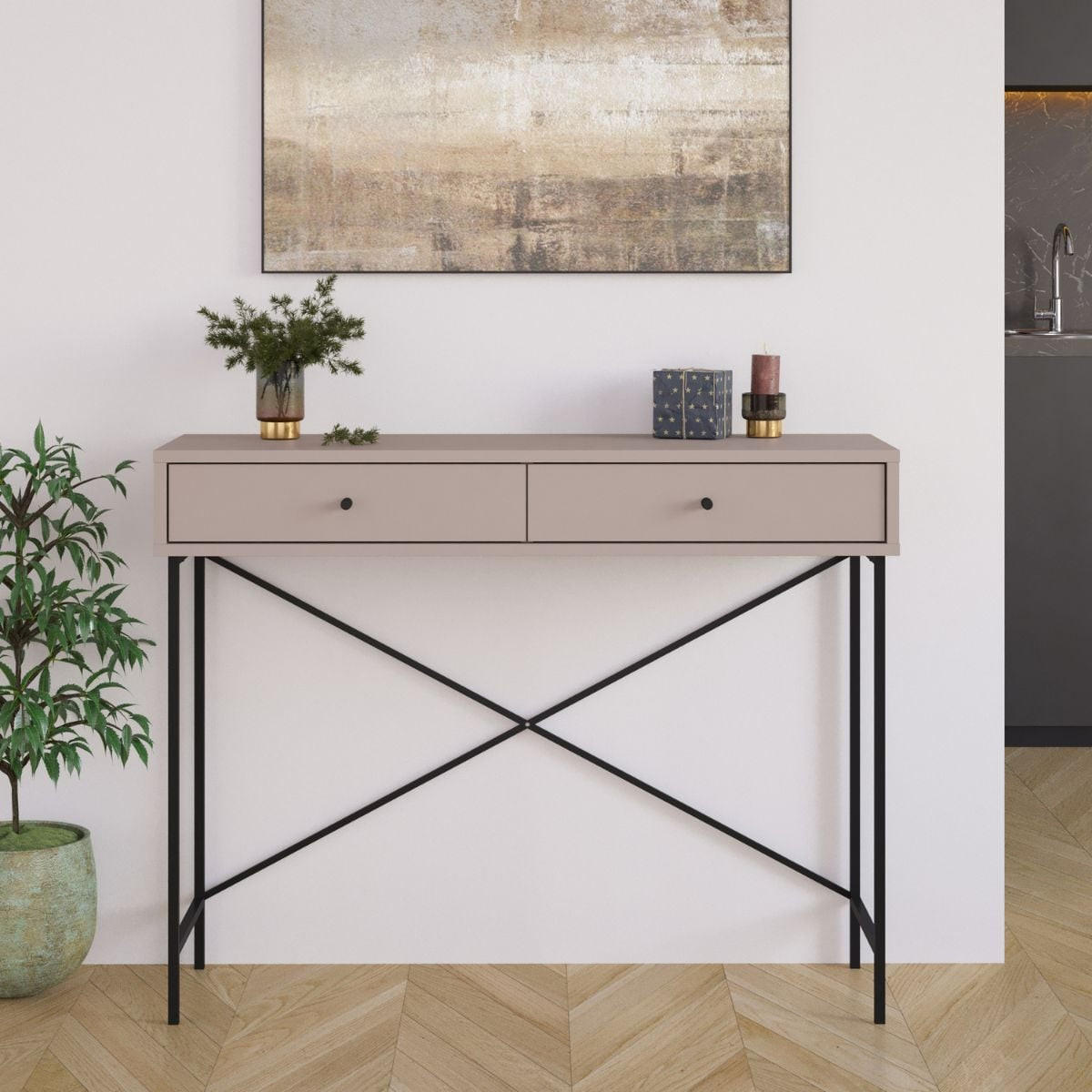 KONSOLE 2 Schubladen Farbe Mokka und Metallbeine L110 cm - Titan - Grau, Holz (110/35/85cm) - Calicosy