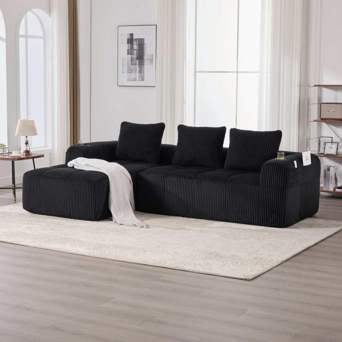 ECKSOFA mit Seitentasche und Getränkehalter, inkl. Kissen, Schwarz - Schwarz, Textil (253/61/158cm) - Kaket