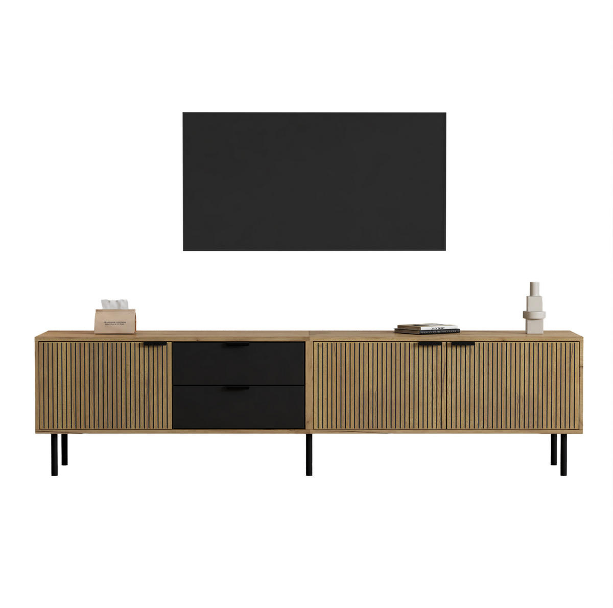 TV-LOWBOARD 208/40/48 cm schwarz/natur aus Spanplatte mit Stauraum - Schwarz, Holzwerkstoff (208/48/40cm) - OKWISH