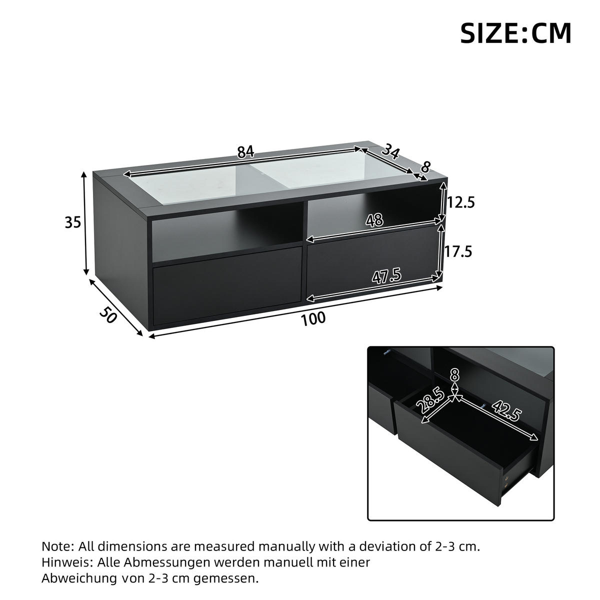 COUCHTISCH DE-045 Glas LED Schwarz - Schwarz, Holzwerkstoff (50/100/35cm) - ComfortXL