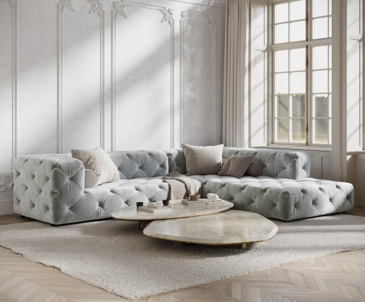ECKSOFA Cosimo Hellgrau Samtstoff - Hellgrau/Schwarz, Holz/Holzwerkstoff (325/228cm) - Maison de Reve