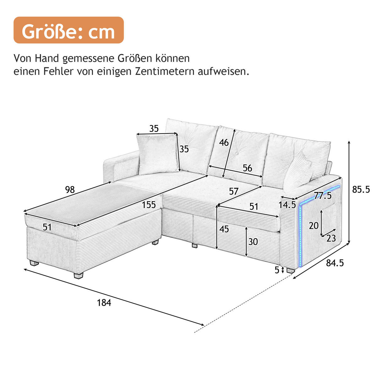 SOFA mit LED und Hocker Cord Beige 5-Kissen-Set - Beige, Kunststoff (184/85.5/84.5cm) - Meubliv
