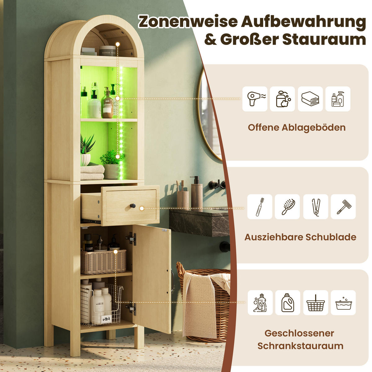 HOCHSCHRANK 40/30/163 cm Naturholz mit 1 Schubladen und LED - Naturfarben, Holz/Holzwerkstoff (30/163/40cm) - Oxeza